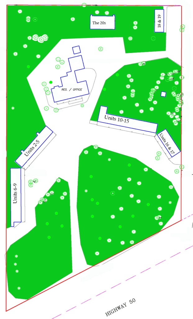 Digitally drawn map of Island Acres Resort Motel Property