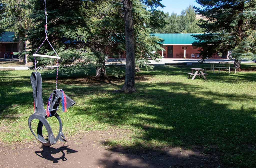 Photo of Island Acres Resort Motel with a tire swing in the forefront with log cabins in the background.