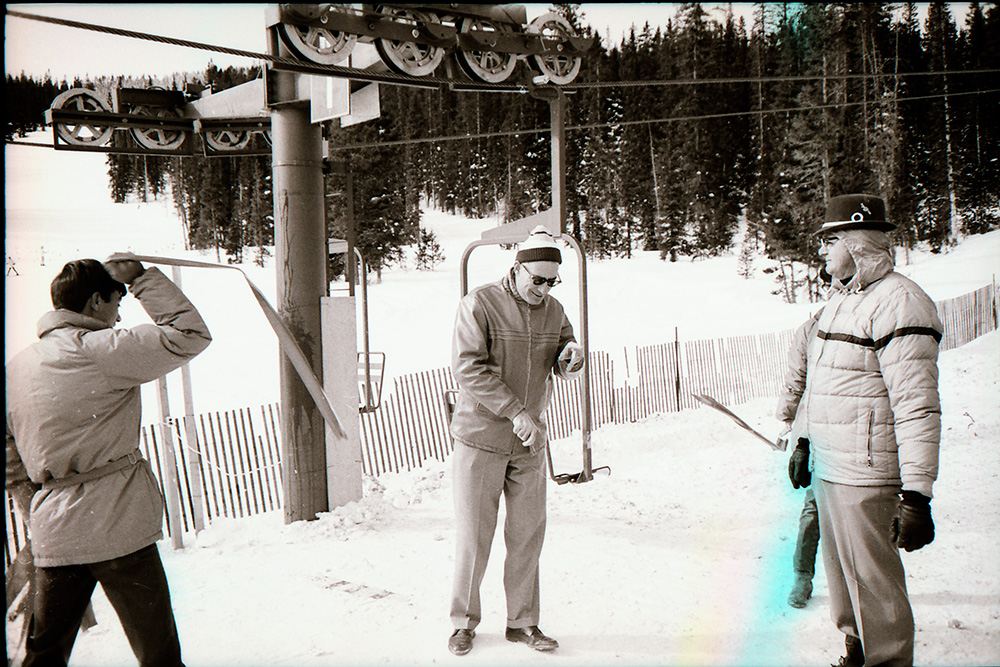 The opening of Breezeway Lift at Monarch Ski Resort. Owner Elmo Bevington is at right. This image is from the Salida Museum Negatives Collection.