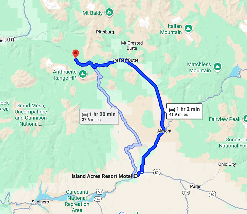 Google map screenshot for directions from Island Acres Resort Motel to Kebler Pass for a blog on the 3 Best Drives for Colorado Leaf Peeping Near Gunnison