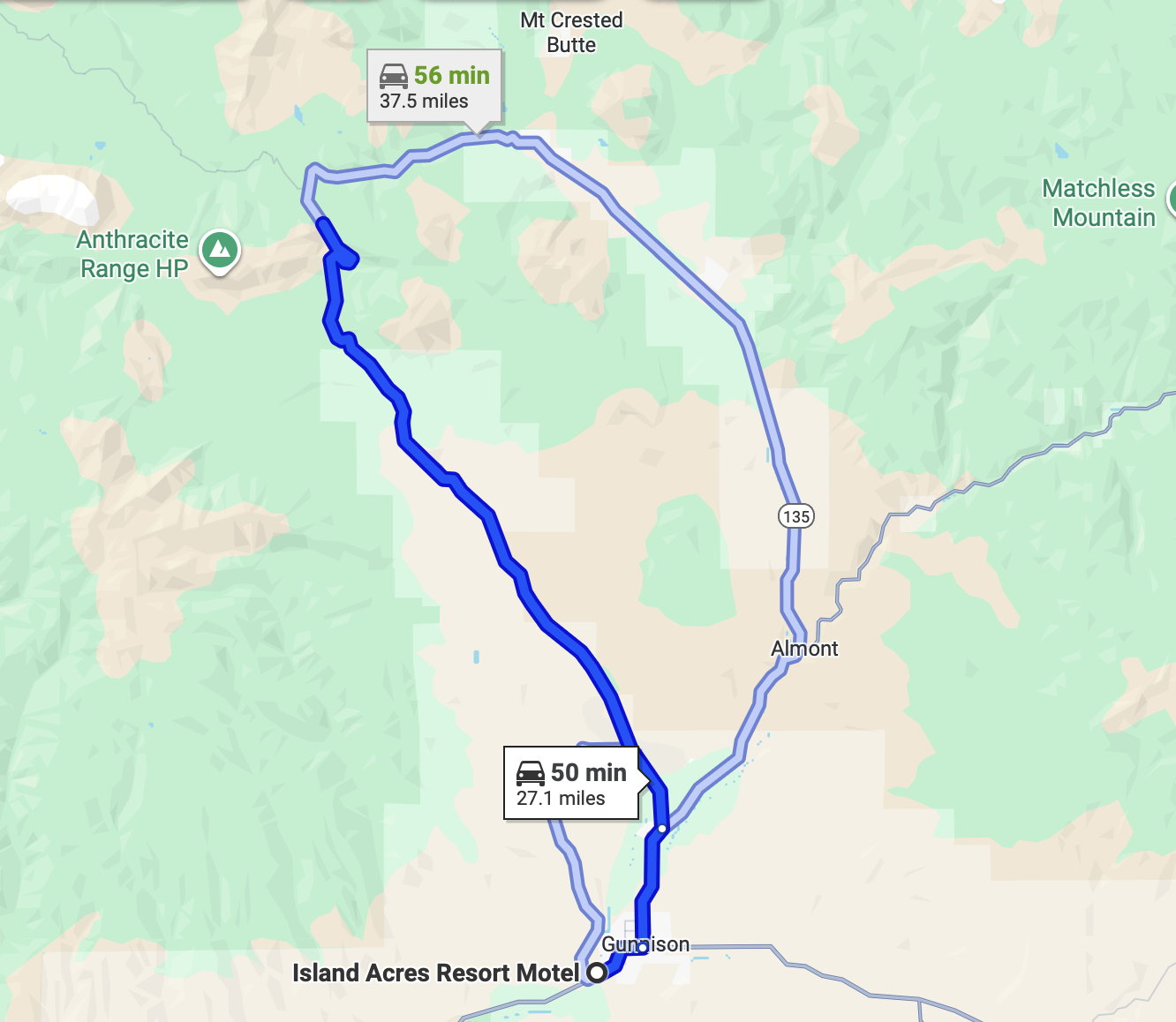 Google map screenshot for directions from Island Acres Resort Motel to Ohio Pass for a blog on the 3 Best Drives for Colorado Leaf Peeping Near Gunnison
