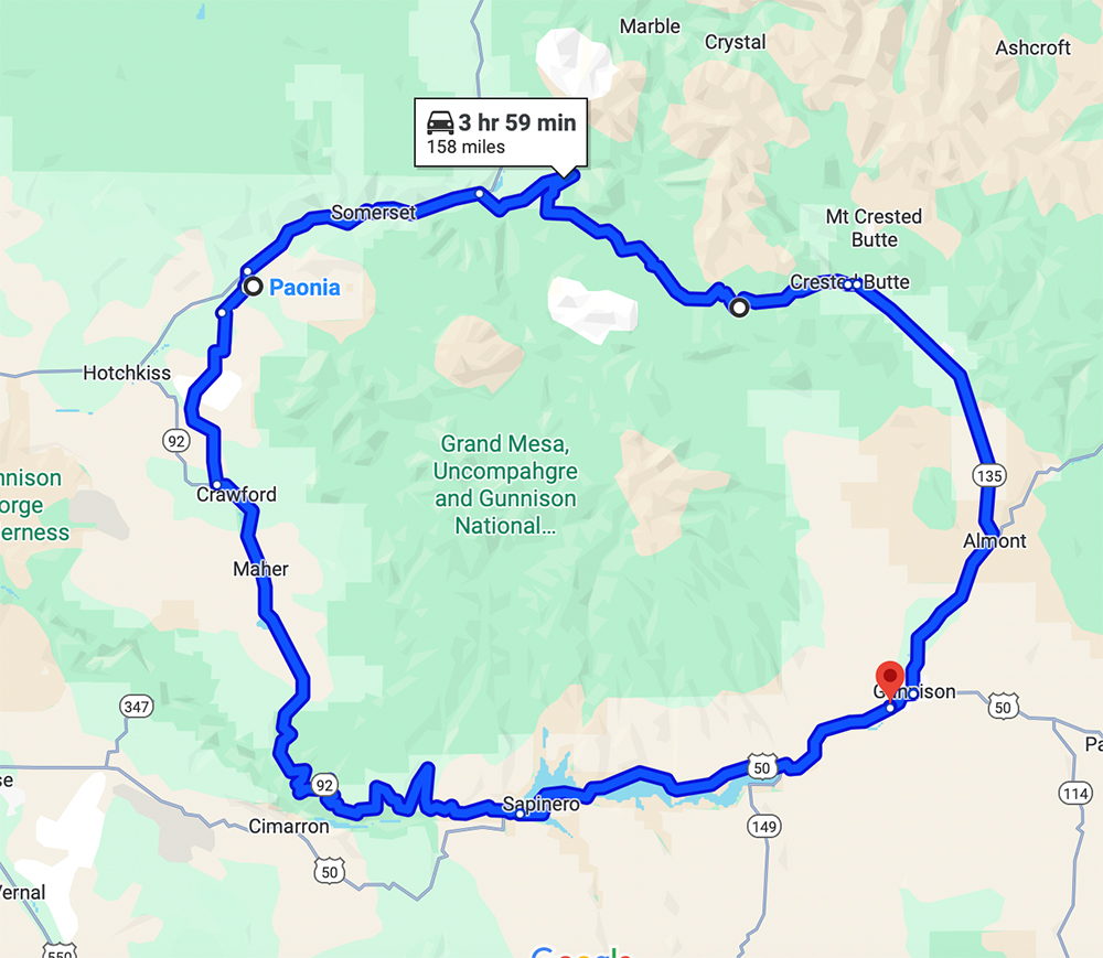 Google map screenshot for directions from Island Acres Resort Motel to th West Elk Loop Scenic and Historic Byway for a blog on the 3 Best Drives for Colorado Leaf Peeping Near Gunnison